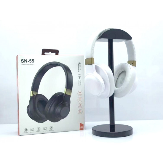 HD Sound Bluetooth Wireless Headset SN-55 with Soft Cushion, Built-in Mic, FM Radio, LED Light, AUX & SD Card Slot - Universal Compatibility (White)