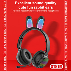 Cute Bunny Ear Wireless Bluetooth Headset ST81M with Microphone, FM Radio, LED Light, AUX Port, SD Card Slot, Foldable & Extendable Design (Black) Cute Bunny Ear Wireless Bluetooth Headset ST81M with Microphone, FM Radio, LED Light, AUX Port, SD Card Slot, Foldable & Extendable Design (Black)