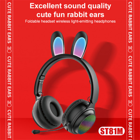 Cute Bunny Ear Wireless Bluetooth Headset ST81M with Microphone, FM Radio, LED Light, AUX Port, SD Card Slot, Foldable & Extendable Design (Purple)