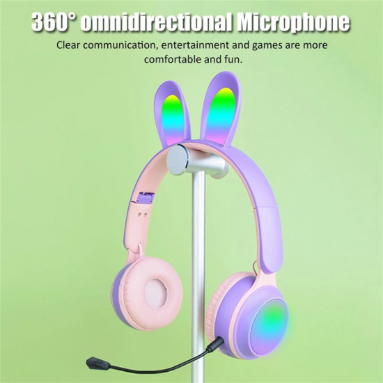 Cute Bunny Ear Wireless Bluetooth Headset ST81M with Microphone, FM Radio, LED Light, AUX Port, SD Card Slot, Foldable & Extendable Design (Purple)