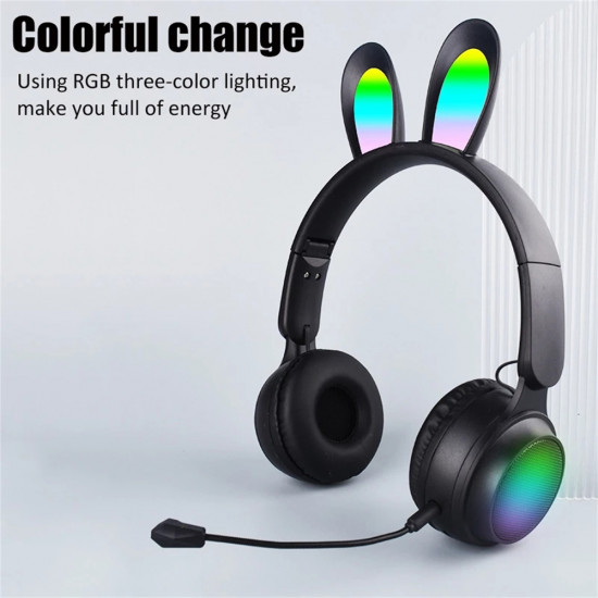 Cute Bunny Ear Wireless Bluetooth Headset ST81M with Microphone, FM Radio, LED Light, AUX Port, SD Card Slot, Foldable & Extendable Design (Purple)