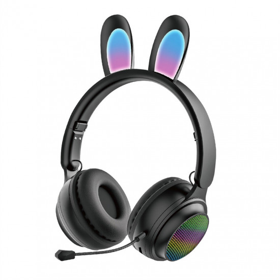 Cute Bunny Ear Wireless Bluetooth Headset ST81M with Microphone, FM Radio, LED Light, AUX Port, SD Card Slot, Foldable & Extendable Design (Black)