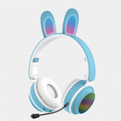 Cute Bunny Ear Wireless Bluetooth Headset ST81M with Microphone, FM Radio, LED Light, AUX Port, SD Card Slot, Foldable & Extendable Design (Blue)