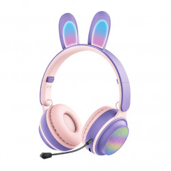 Cute Bunny Ear Wireless Bluetooth Headset ST81M with Microphone, FM Radio, LED Light, AUX Port, SD Card Slot, Foldable & Extendable Design (Purple)