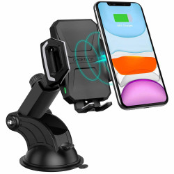 10W Fast Wireless Charger Car Dock, Universal Qi-Compatible Cell Phone Holder for Dashboard & Windshield, Long Mount,  T521 (Black)
