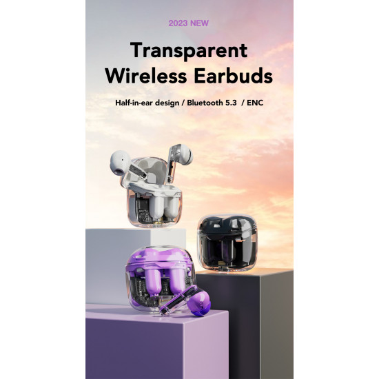 Smart Touch TWS Bluetooth Headset TC10 with Transparent Charging Case, Built-in Mic, Battery Display, for Universal Cell Phone & Bluetooth Device (Purple)