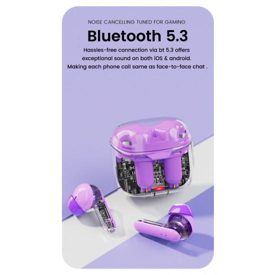 Smart Touch TWS Bluetooth Headset TC10 with Transparent Charging Case, Built-in Mic, Battery Display, for Universal Cell Phone & Bluetooth Device (Purple)