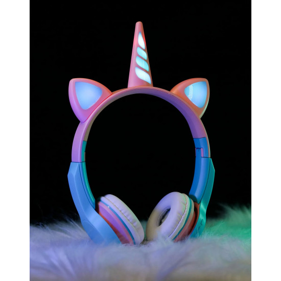 Unicorn Design Bluetooth Wireless Foldable Headphone with Mic, FM Radio, LED Light, AUX Port, SD Card Slot, HiFi Stereo Sound, Deep Bass (BlackPink)