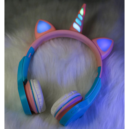 Unicorn Design Bluetooth Wireless Foldable Headphone with Mic, FM Radio, LED Light, AUX Port, SD Card Slot, HiFi Stereo Sound, Deep Bass (BlueGreen)