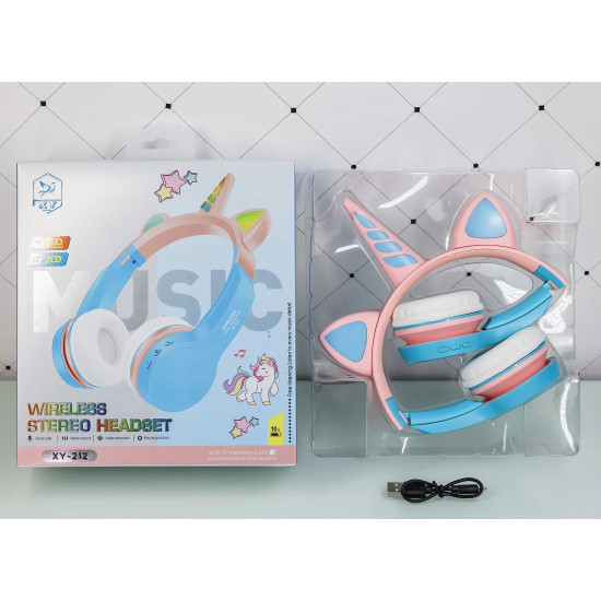 Unicorn Design Bluetooth Wireless Foldable Headphone with Mic, FM Radio, LED Light, AUX Port, SD Card Slot, HiFi Stereo Sound, Deep Bass (BlackPink)
