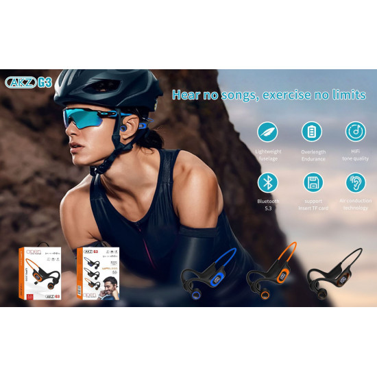 AKZ-G3 Open Ear Bone Conduction Bluetooth Headset, Wireless Earhook Design, Micro SD Slot, Universal Compatibility, Built-in Mic (Orange)