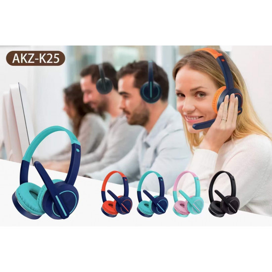 AKZK25 Compact Hi-Fi Bluetooth Wireless Headset with Mic, FM Radio, Extendable Design, AUX Port, TF Slot - Universal Compatibility (PinkBlue)