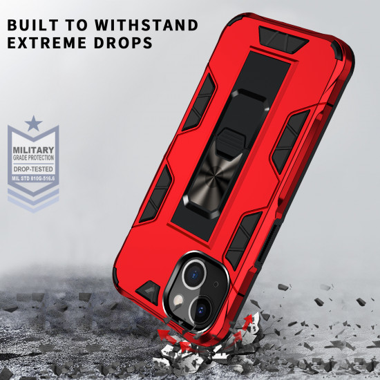 Military Grade Armor Protection Stand Magnetic Feature Case for Apple iPhone 13 (6.1) (Red)