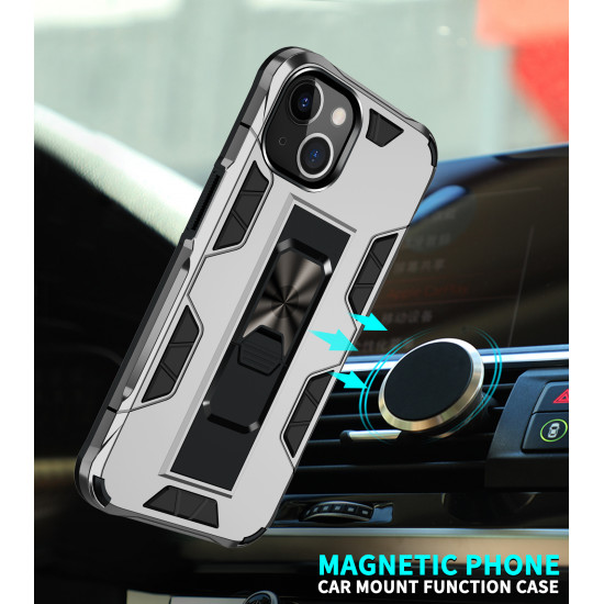 Military Grade Armor Protection Stand Magnetic Feature Case for Apple iPhone 13 (6.1) (Silver)