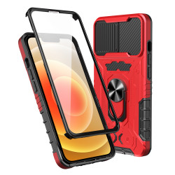 Full Body Tech Ring Stand Case Built In Screen Protector with Lens Cover for Apple iPhone 13 (6.1) (Red)