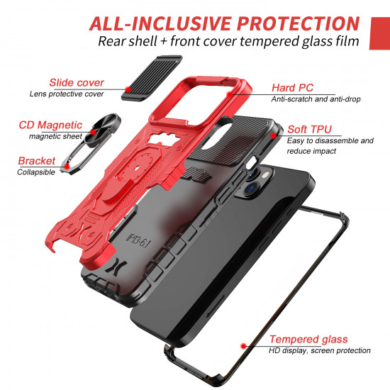 Full Body Tech Ring Stand Case Built In Screen Protector with Lens Cover for Apple iPhone 13 (6.1) (Red)