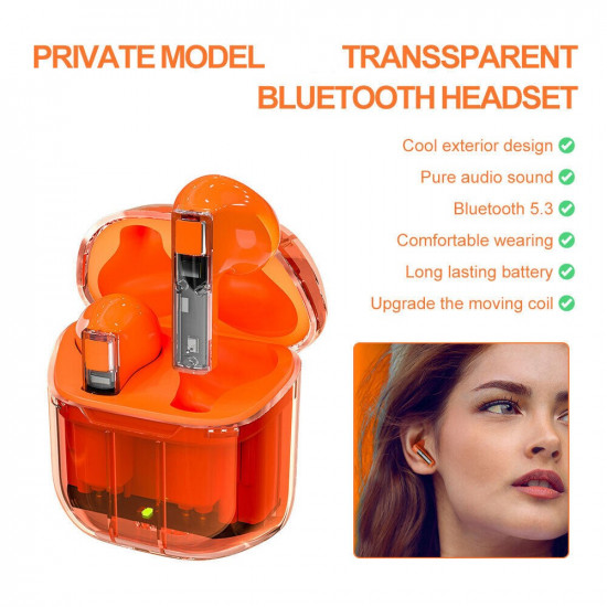 True TWS Gaming Bluetooth Wireless Headset BW01 - See-Thru Design, Built-in Mic, Universal Compatibility, Dynamic HIFI Sound (Orange)
