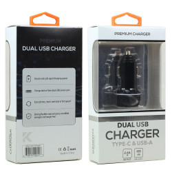 USB-A & USB-C Dual 2.4A Car Charger Adapter - 2 Port, Fast Charging, Universal Compatibility, Durable Plastic Design (Black)