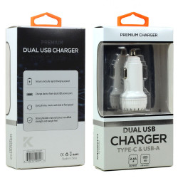 USB-A & USB-C Dual 2.4A Car Charger Adapter - 2 Port, Fast Charging, Universal Compatibility, Durable Plastic Design (White)