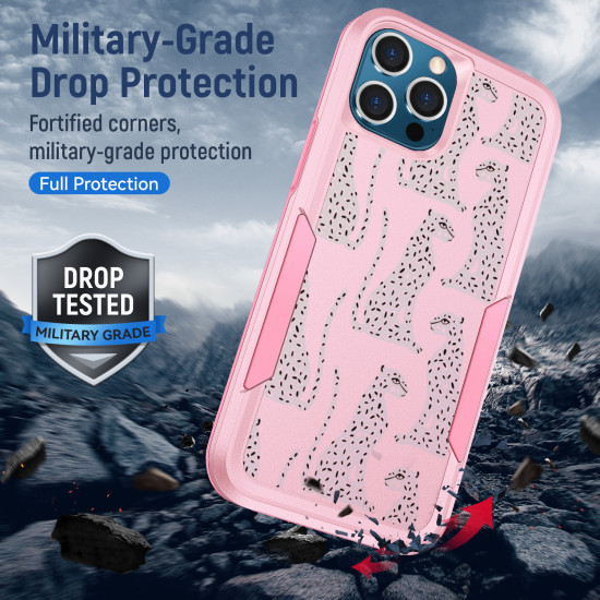 Design Fashion Heavy Duty Strong Armor Hybrid Picture Printed Case Cover for Apple iPhone 13 Pro Max (Pink Leopard)