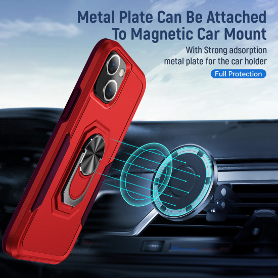 Heavy Duty Strong Armor Ring Stand Grip Hybrid Trailblazer Case Cover for Apple iPhone 13 [6.1] (Red)