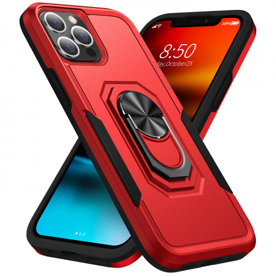 Heavy Duty Strong Armor Ring Stand Grip Hybrid Trailblazer Case Cover for Apple iPhone 13 Pro Max (Red)