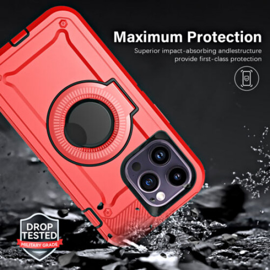 Premium Shockproof Heavy Duty Armor Magnetic MagSafe Case With Rugged Stand for Apple iPhone 14 Pro Max [6.7] (Red)