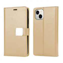 Multi Pockets Folio Flip Leather Wallet Case with Strap for Apple iPhone 14 [6.1] (Gold)