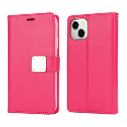 Multi Pockets Folio Flip Leather Wallet Case with Strap for Apple iPhone 14 [6.1] (Hot Pink)