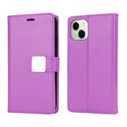 Multi Pockets Folio Flip Leather Wallet Case with Strap for Apple iPhone 14 [6.1] (Purple)