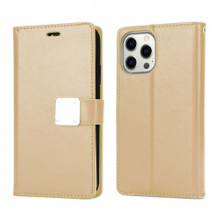 Multi Pockets Folio Flip Leather Wallet Case with Strap for Apple iPhone 14 Pro [6.1] (Gold)