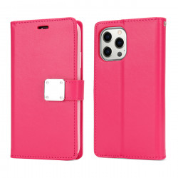 Multi Pockets Folio Flip Leather Wallet Case with Strap for Apple iPhone 14 Pro [6.1] (Hot Pink)