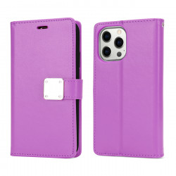 Multi Pockets Folio Flip Leather Wallet Case with Strap for Apple iPhone 14 Pro [6.1] (Purple)