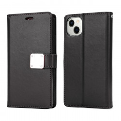 Multi Pockets Folio Flip Leather Wallet Case with Strap for Apple iPhone 14 Plus [6.7] (Black)