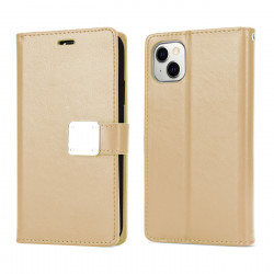 Multi Pockets Folio Flip Leather Wallet Case with Strap for Apple iPhone 14 Plus [6.7] (Gold)
