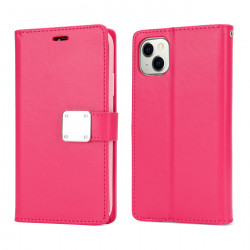 Multi Pockets Folio Flip Leather Wallet Case with Strap for Apple iPhone 14 Plus [6.7] (Hot Pink)