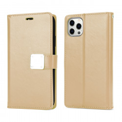 Multi Pockets Folio Flip Leather Wallet Case with Strap for Apple iPhone 14 Pro Max [6.7] (Gold)