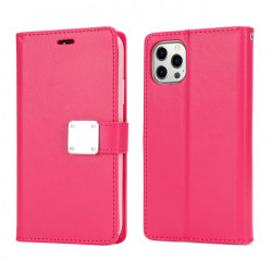 Multi Pockets Folio Flip Leather Wallet Case with Strap for Apple iPhone 14 Pro Max [6.7] (Hot Pink)