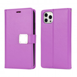 Multi Pockets Folio Flip Leather Wallet Case with Strap for Apple iPhone 14 Pro Max [6.7] (Purple)