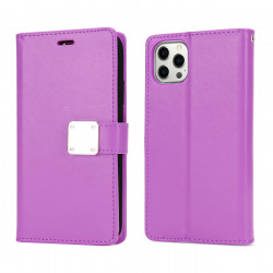 Multi Pockets Folio Flip Leather Wallet Case with Strap for Apple iPhone 14 Pro Max [6.7] (Purple)