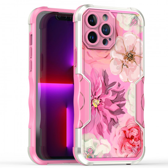 Design Fashion Picture Design Strong Shockproof Hybrid Grip Case Cover for Apple iPhone 14 Pro [6.1] (Flower Hot Pink)