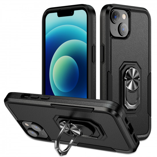 Heavy Duty Strong Armor Ring Stand Grip Hybrid Trailblazer Case Cover for Apple iPhone 14 [6.1] (Black)