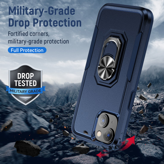 Heavy Duty Strong Armor Ring Stand Grip Hybrid Trailblazer Case Cover for Apple iPhone 14 Plus [6.7] (Navy Blue)