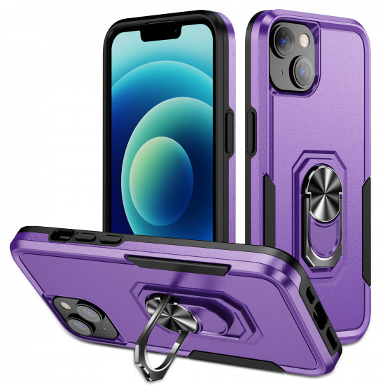 Heavy Duty Strong Armor Ring Stand Grip Hybrid Trailblazer Case Cover for Apple iPhone 14 [6.1] (Purple)