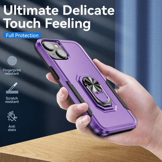 Heavy Duty Strong Armor Ring Stand Grip Hybrid Trailblazer Case Cover for Apple iPhone 14 [6.1] (Purple)