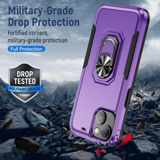 Heavy Duty Strong Armor Ring Stand Grip Hybrid Trailblazer Case Cover for Apple iPhone 14 [6.1] (Purple)