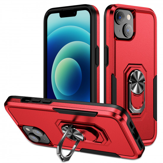 Heavy Duty Strong Armor Ring Stand Grip Hybrid Trailblazer Case Cover for Apple iPhone 14 Plus [6.7] (Red)