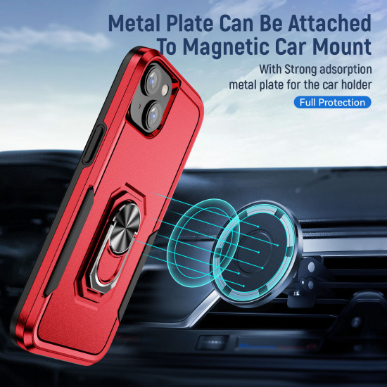 Heavy Duty Strong Armor Ring Stand Grip Hybrid Trailblazer Case Cover for Apple iPhone 14 [6.1] (Red)