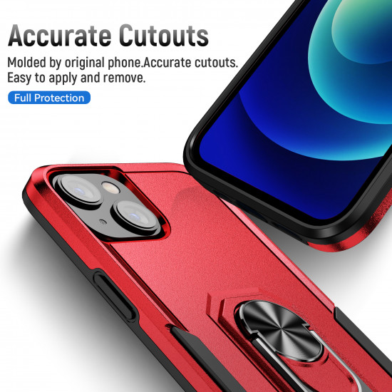 Heavy Duty Strong Armor Ring Stand Grip Hybrid Trailblazer Case Cover for Apple iPhone 14 Plus [6.7] (Red)