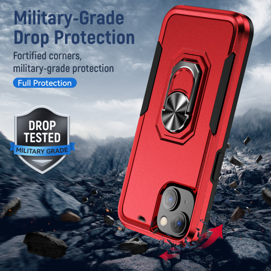 Heavy Duty Strong Armor Ring Stand Grip Hybrid Trailblazer Case Cover for Apple iPhone 14 [6.1] (Red)